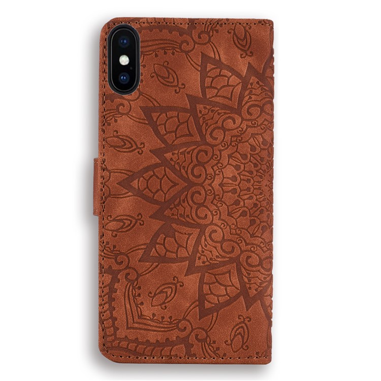 Imprint Flower Leather Wallet Case for iPhone XS Max 6.5 inch - Brown-5