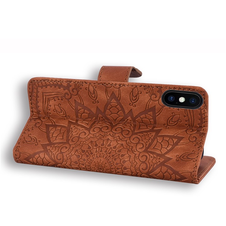 Imprint Flower Leather Wallet Case for iPhone XS Max 6.5 inch - Brown-8