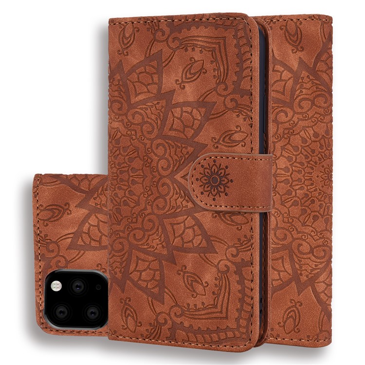 Imprint Mandala Flower Stand Wallet Leather Case Shell Cover for iPhone (2019) 6.5-inch - Brown-1