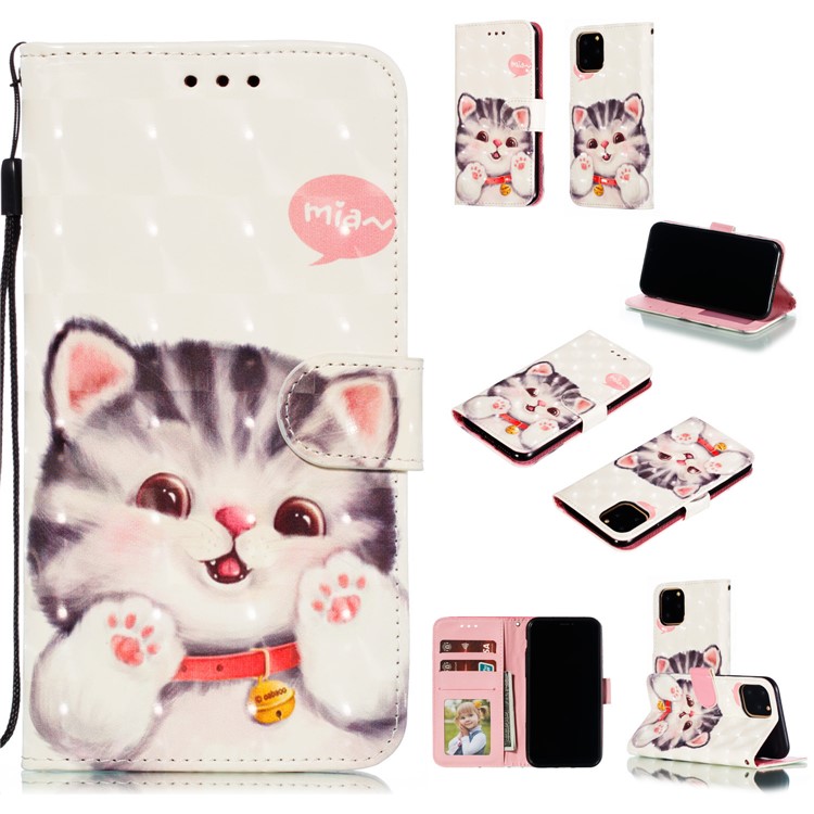 For iPhone (2019) 5.8-inch 3D Printing Leather Wallet Casing Shell - Adorable Cat-1