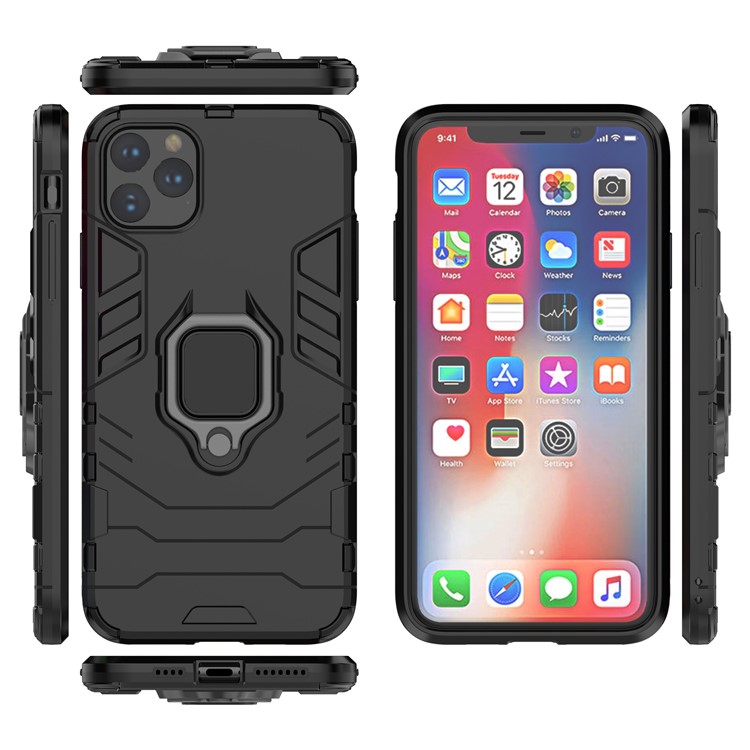 Phone Case for iPhone (2019) 6.5-inch Finger Ring Kickstand PC + TPU Hybrid Shell - Black-7