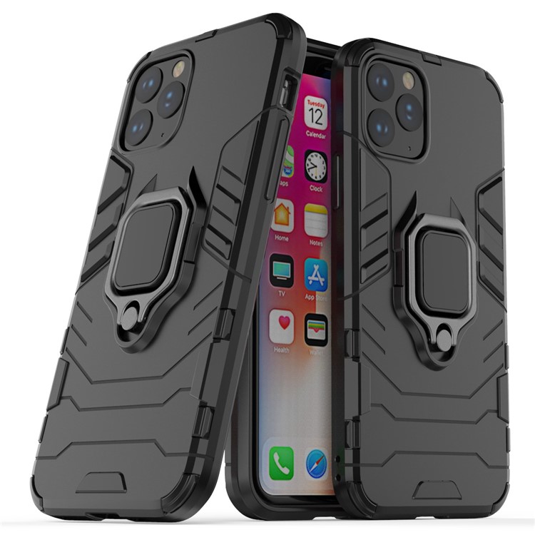 Phone Cover for iPhone (2019) 5.8-inch Finger Ring Kickstand PC + TPU Hybrid Case - Black-1