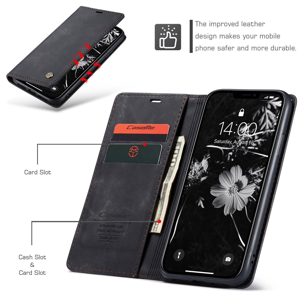 Caseme 013-Serie Auto-absorbierte Flip Leder-Geldbörse Für IPhone 11 6,1 Zoll (2019) - Schwarz