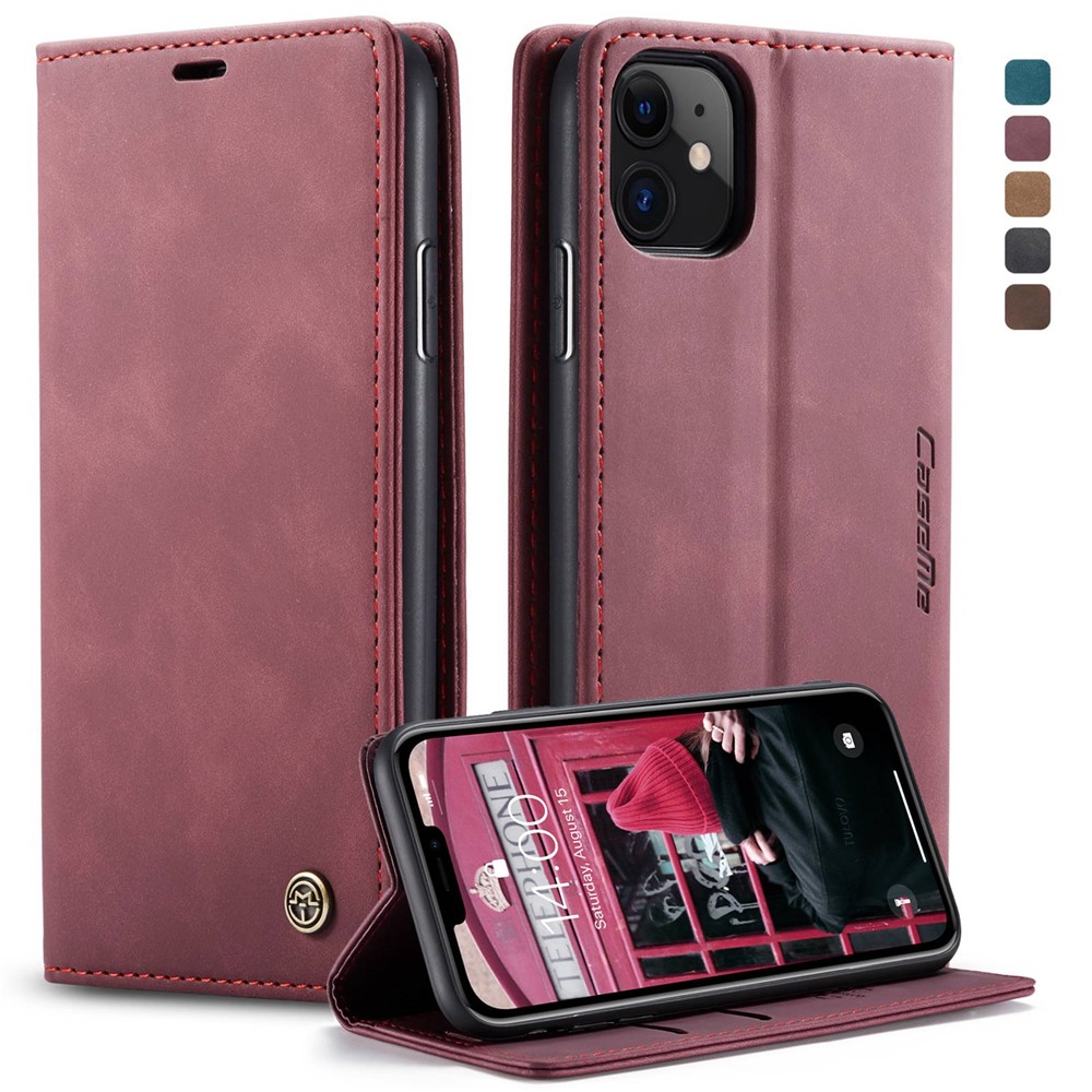 CASEME 013 Series Auto-absorbed Flip Leather Wallet Case for iPhone 11 6.1 inch (2019) - Wine Red-1