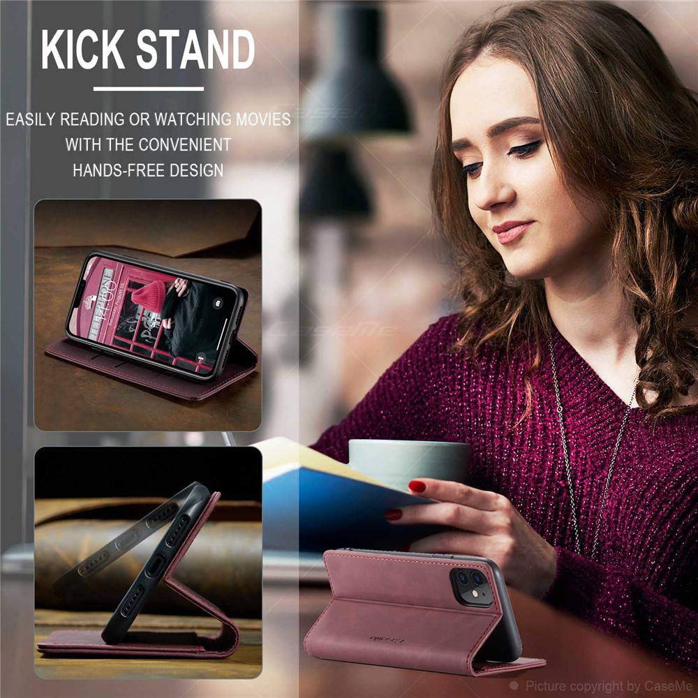 CASEME 013 Series Auto-absorbed Flip Leather Wallet Case for iPhone 11 6.1 inch (2019) - Wine Red-7