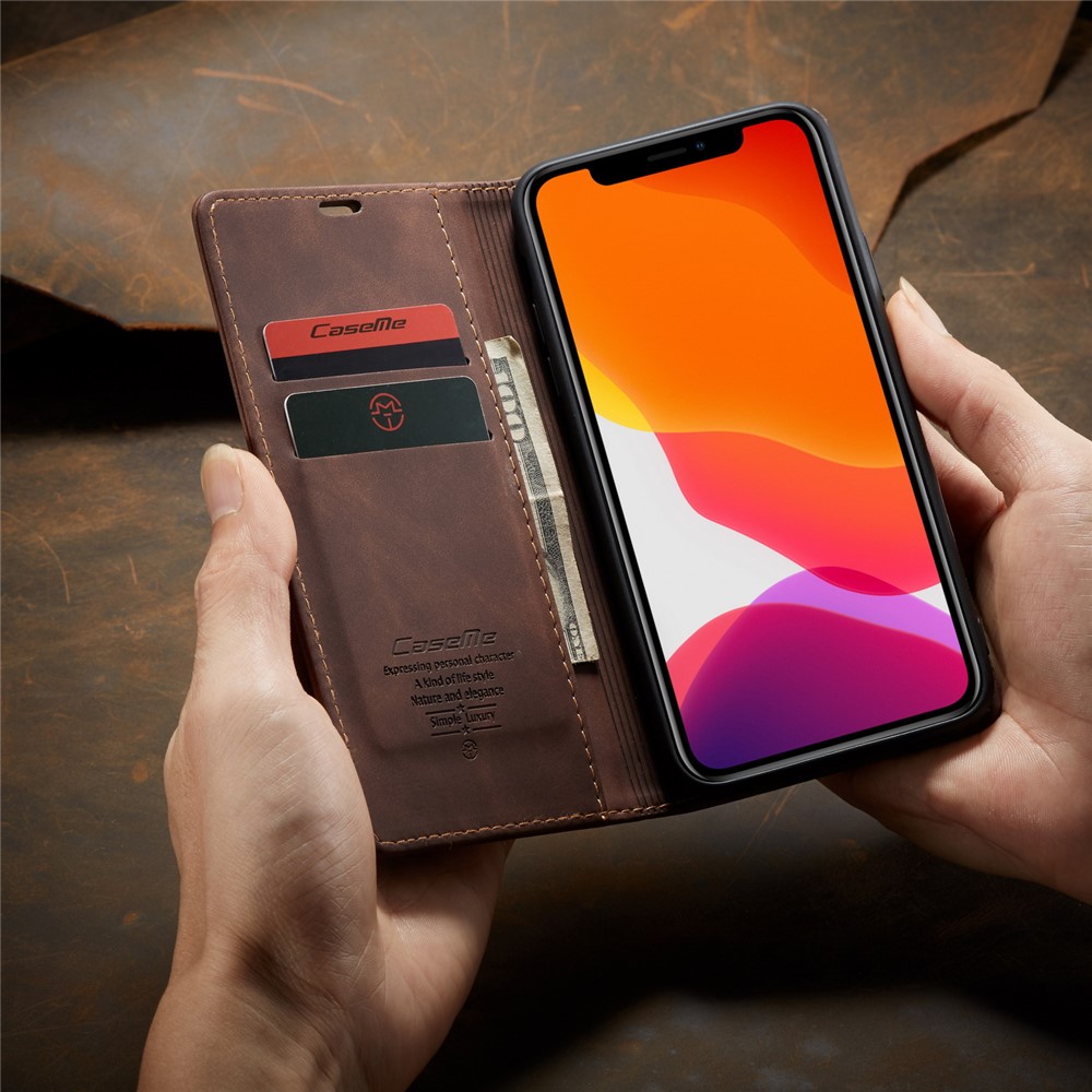 CASEME 013 Series Auto-absorbed Flip Leather Wallet Case for iPhone 11 Pro Max 6.5 inch (2019) - Coffee-13