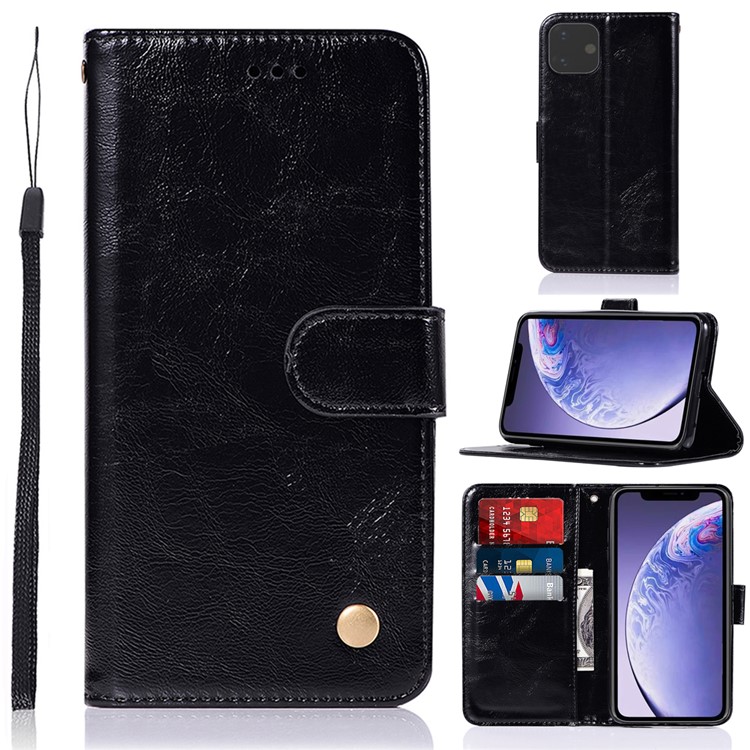 Premium Vintage Leather Wallet Phone Case with Lanyard for Apple iPhone (2019) 6.1-inch - Black-1