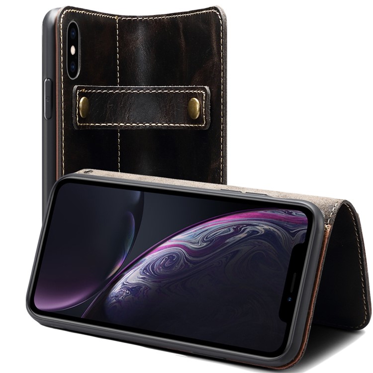 Finger Grip Holder Genuine Leather Case for iPhone XS Max 6.5 inch - Black-2