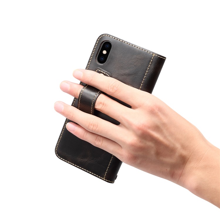 Finger Grip Holder Genuine Leather Case for iPhone XS Max 6.5 inch - Black-8