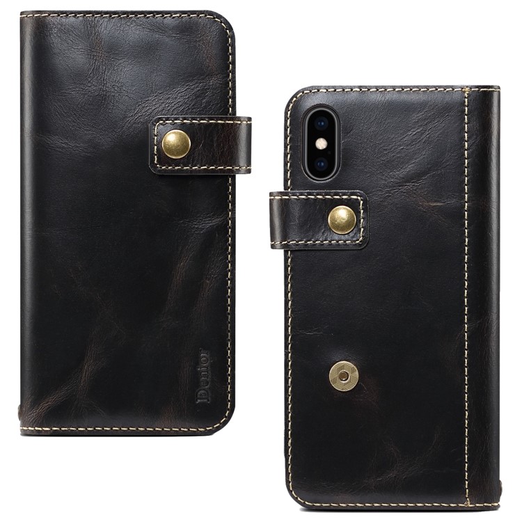 Oil Wax Genuine Leather Wallet Case with Finger Grip Holder for iPhone X/XS 5.8 inch - Black-1
