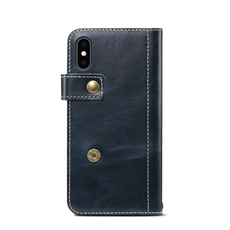 Oil Wax Genuine Leather Wallet Case with Finger Grip Holder for iPhone X/XS 5.8 inch - Blue-4