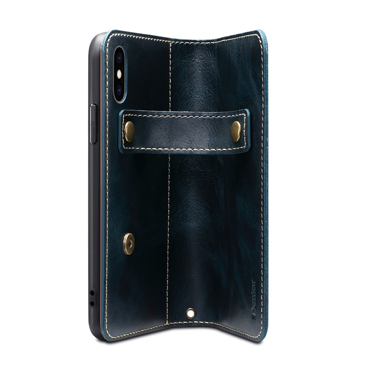 Oil Wax Genuine Leather Wallet Case with Finger Grip Holder for iPhone X/XS 5.8 inch - Blue-5