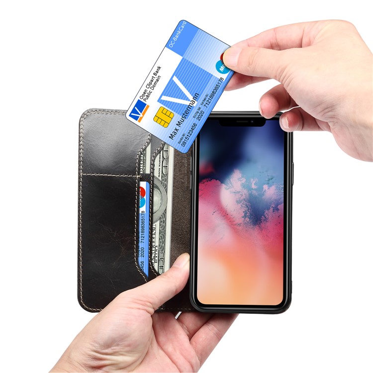 For iPhone (2019) 6.1-inch Finger Grip Holder Oil Wax Genuine Leather Wallet Case - Black-10