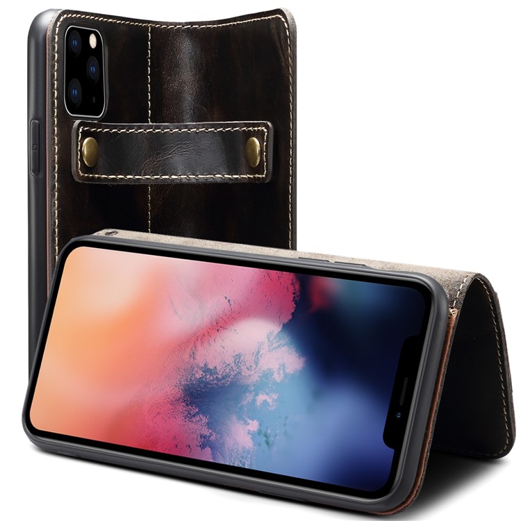 For iPhone (2019) 6.1-inch Finger Grip Holder Oil Wax Genuine Leather Wallet Case - Black-3