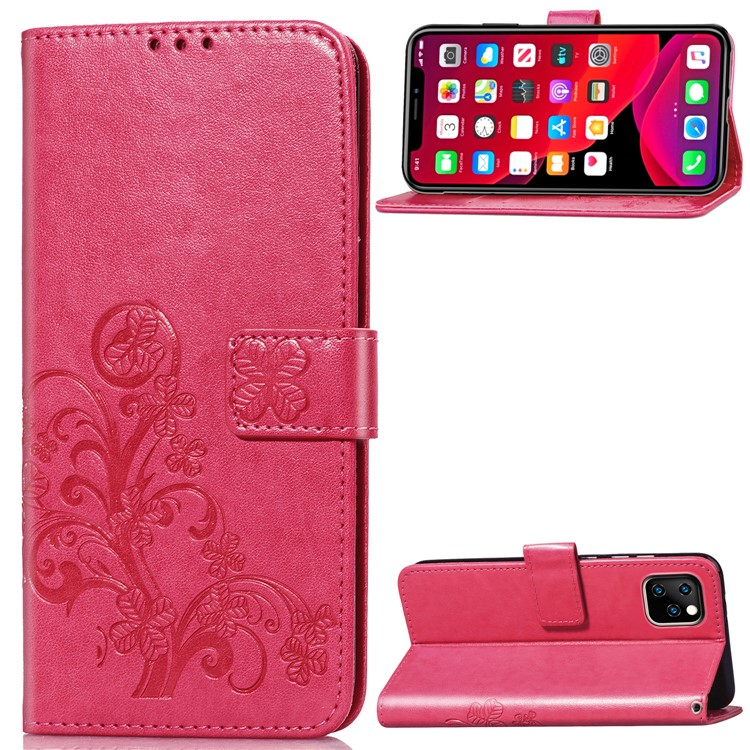 Imprint Clover Pattern Leather Wallet Case for iPhone (2019) 5.8-inch - Rose-1