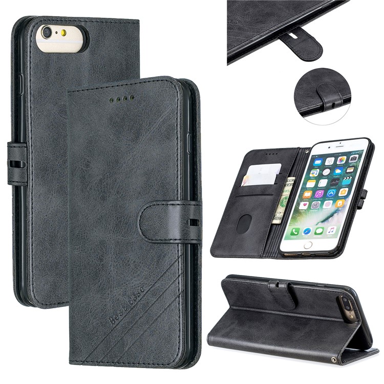 Leather Stand Wallet Phone Case with Lanyard for iPhone 6/6s/7/8 Plus 5.5 inch - Black-1