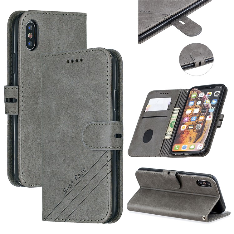 PU Leather Stand Wallet Case Magnetic Clap Phone Shell for iPhone XS Max 6.5 inch - Grey-1