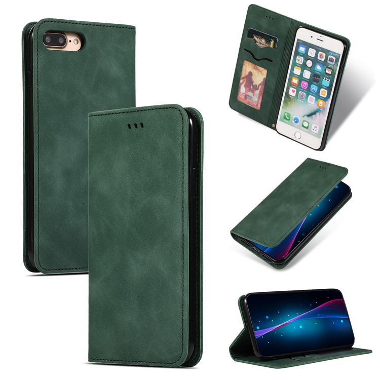 Auto-absorbed Business Style PU Leather Stand Phone Case with Card Slots for iPhone 8 Plus / 7 Plus - Green-1