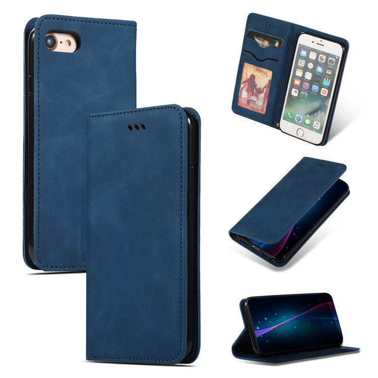 Étui De Téléphone De Stand En Cuir PU De Style Professionnel Auto-absorbé Avec Fentes Pour Cartes Pour Iphone 7 / 8 - Bleu-1