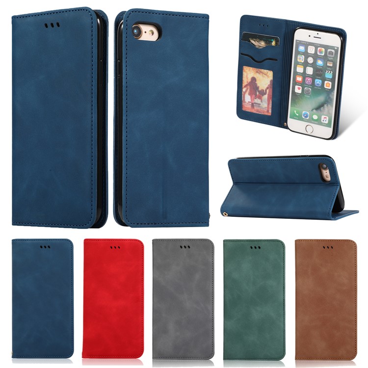 Étui De Téléphone De Stand En Cuir PU De Style Professionnel Auto-absorbé Avec Fentes Pour Cartes Pour Iphone 7 / 8 - Bleu-8