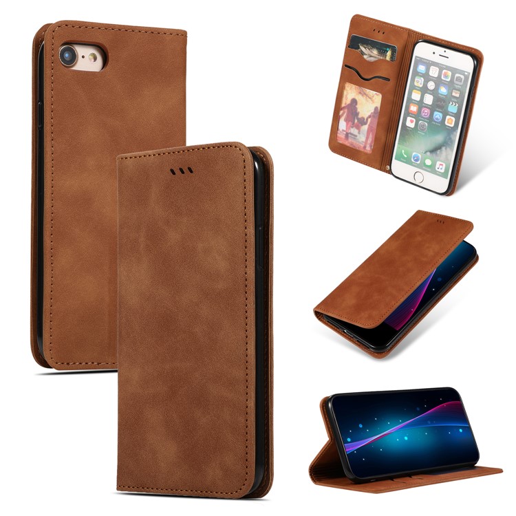 Auto-absorbed Business Style PU Leather Stand Phone Case with Card Slots for iPhone 7 / 8 - Brown-1