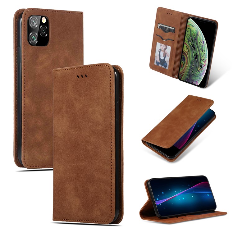 Auto-absorbed Business Style Leather Stand Case with Card Holder Phone Cover for iPhone (2019) 5.8-inch - Brown-1