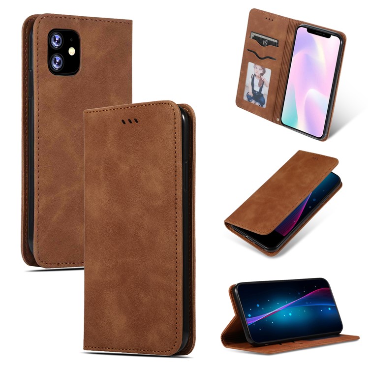 Business Style Auto-absorbed Leather Stand Dual Card Slots Phone Case for iPhone 11 6.1 inch (2019) - Brown-1