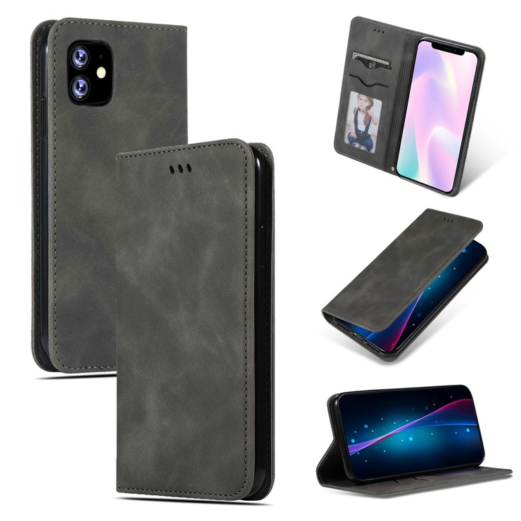 Business Style Auto-absorbed Leather Stand Dual Card Slots Phone Case for iPhone 11 6.1 inch (2019) - Grey-1