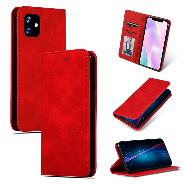 Business Style Auto-absorbed Leather Stand Dual Card Slots Phone Case for iPhone 11 6.1 inch (2019) - Red-1