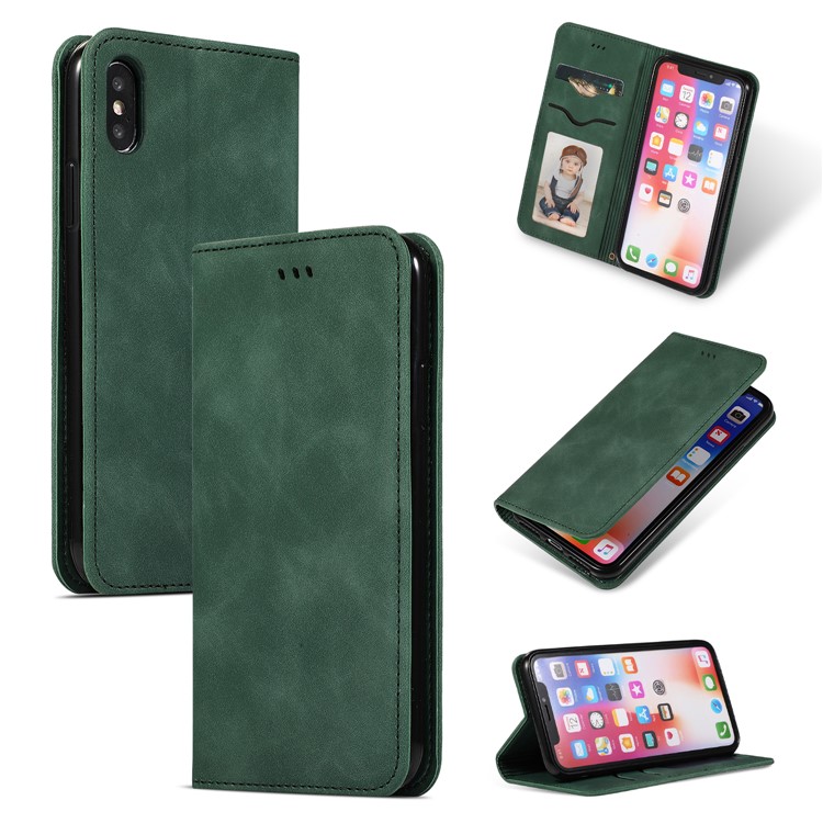 Auto-absorbed Business Style PU Leather Stand Phone Case with Card Slots for iPhone XS Max 6.5 inch - Green-1