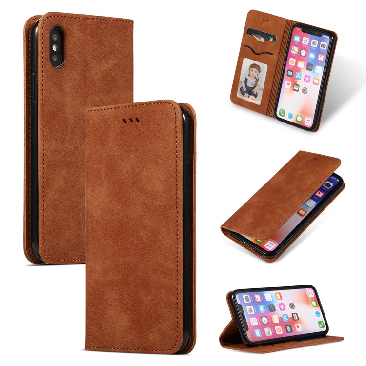 Auto-absorbed Business Style PU Leather Stand Phone Case with Card Slots for iPhone XS Max 6.5 inch - Brown-1