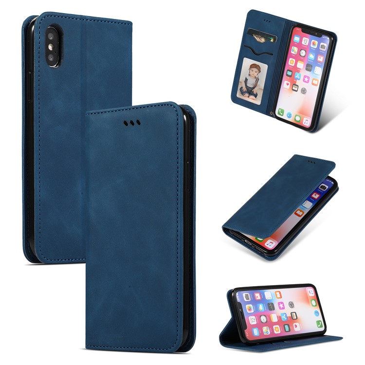 Auto-absorbed Business Style PU Leather Stand Phone Case with Card Slots for iPhone X / XS - Blue-1