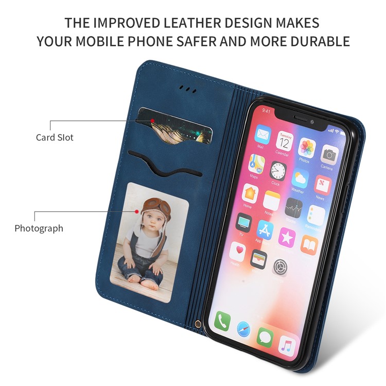 Auto-absorbed Business Style PU Leather Stand Phone Case with Card Slots for iPhone X / XS - Blue-2