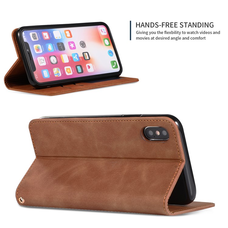 Auto-absorbed Business Style PU Leather Stand Phone Case with Card Slots for iPhone X / XS - Brown-4
