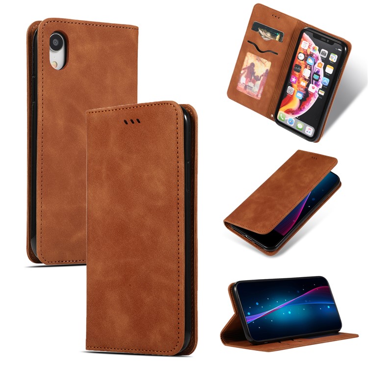 Auto-absorbed Business Style PU Leather Stand Phone Case with Card Slots for iPhone XR 6.1 inch - Brown-1