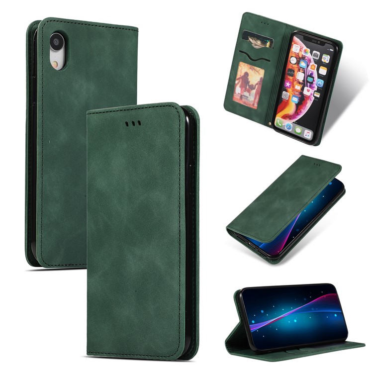 Cassa Del Telefono Del Basamento Del Cuoio Dell'unità Di Elaborazione Di Auto-assorbimento Di Affari Con Gli Slot Per Schede Per Il Iphone XR 6.1 Pollici - Verde-1