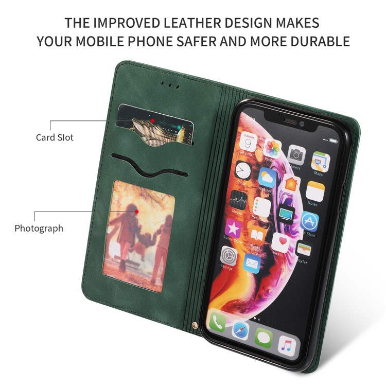 Cassa Del Telefono Del Basamento Del Cuoio Dell'unità Di Elaborazione Di Auto-assorbimento Di Affari Con Gli Slot Per Schede Per Il Iphone XR 6.1 Pollici - Verde-2