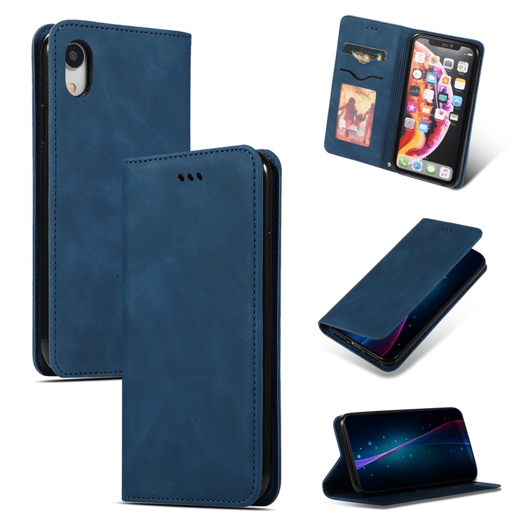 Auto-absorvido Estilo De Negócios PU Couro Stand Phone Case Com Slots De Cartão Para O Iphone XR De 6,1 Polegadas - Azul-1