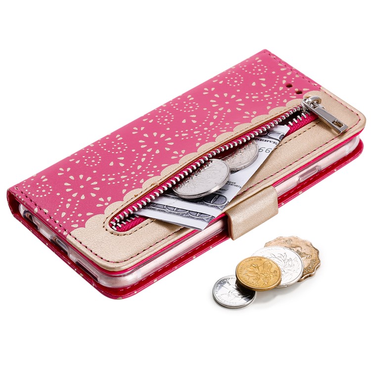 Lace Flower Pattern Zipper Leather Wallet Case for iPhone 6/6s - Rose-4