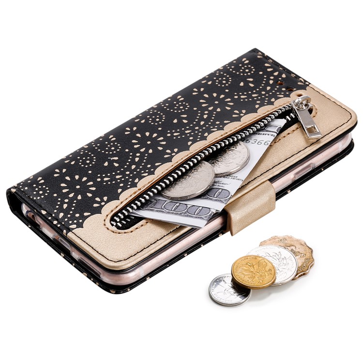 Lace Flower Pattern Zipper Leather Wallet Case for iPhone 6/6s - Black-4