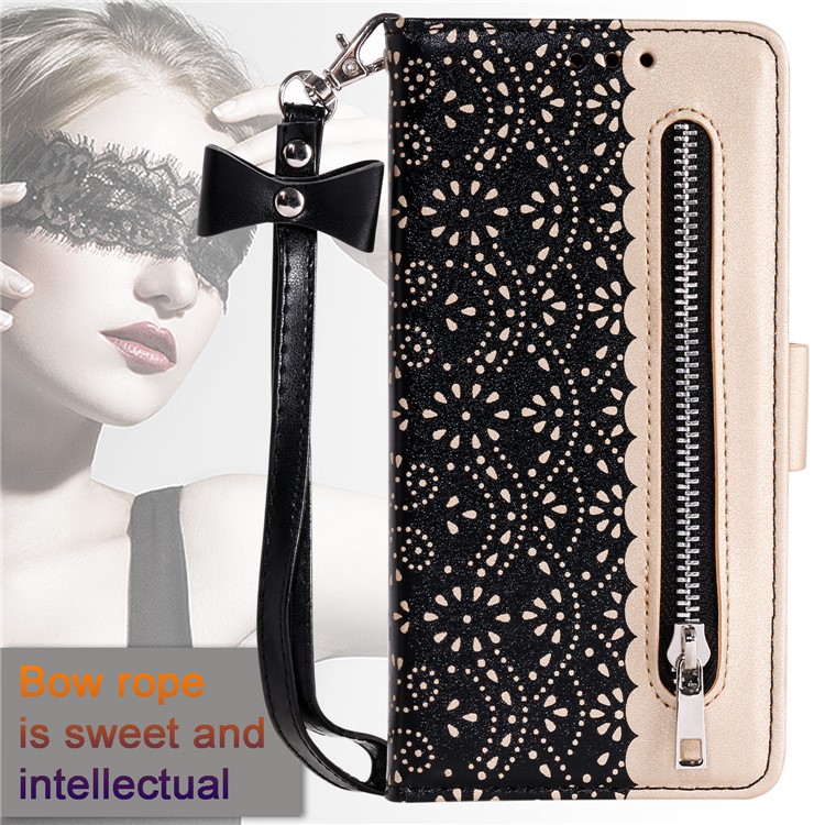 Lace Flower Pattern Zipper Leather Wallet Case for iPhone 6/6s - Black-7