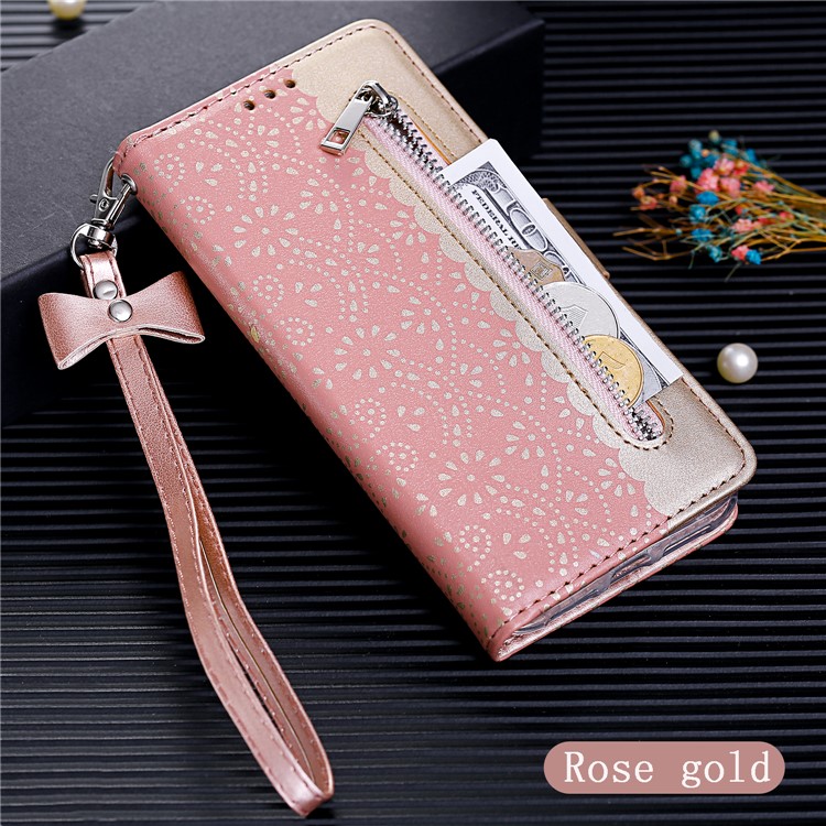 Lace Flower Pattern Zipper Leather Wallet Case for iPhone 6/6s - Pink-6