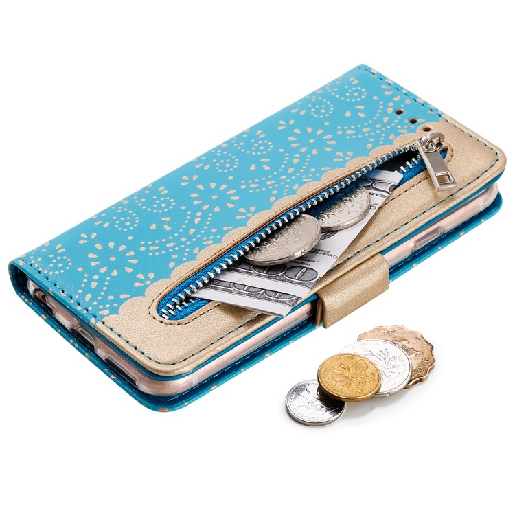 Lace Flower Pattern Zipper Leather Wallet Case for iPhone 6/6s - Blue-4