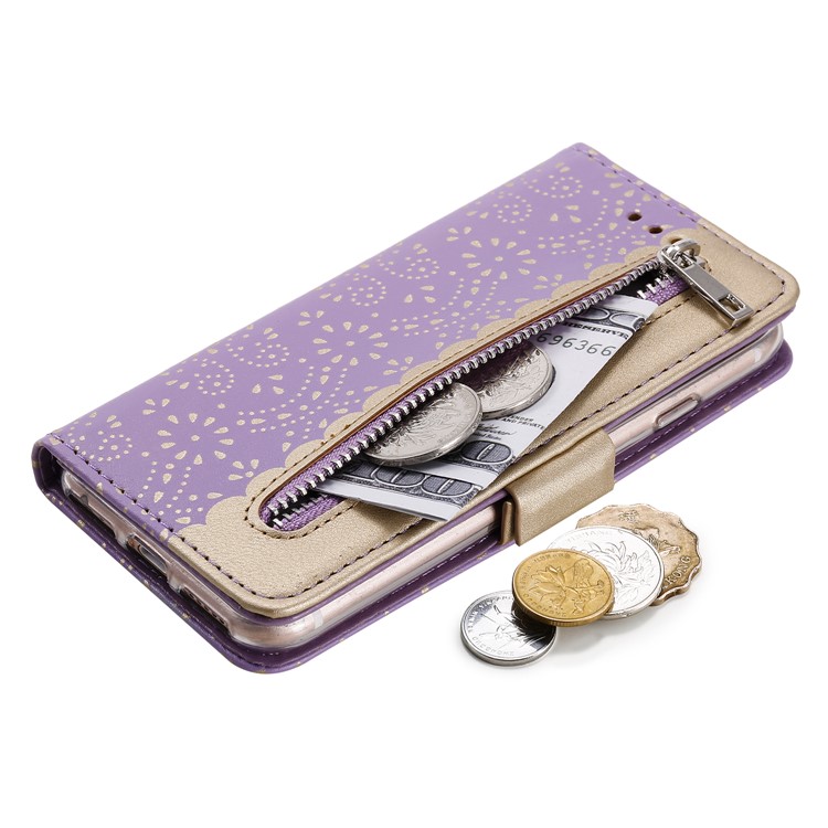 Lace Flower Zipper Pocket Leather Wallet Phone Case for iPhone 7/8 - Purple-5