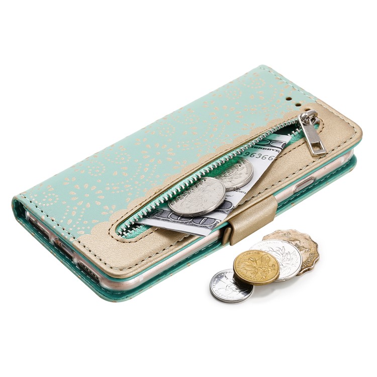 Lace Flower Zipper Pocket Leather Wallet Phone Case for iPhone 7/8 - Green-5