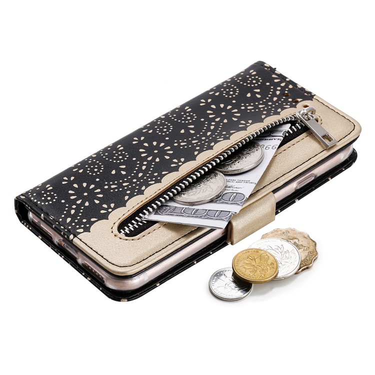 Lace Flower Zipper Pocket Leather Wallet Phone Case for iPhone 7/8 - Black-5