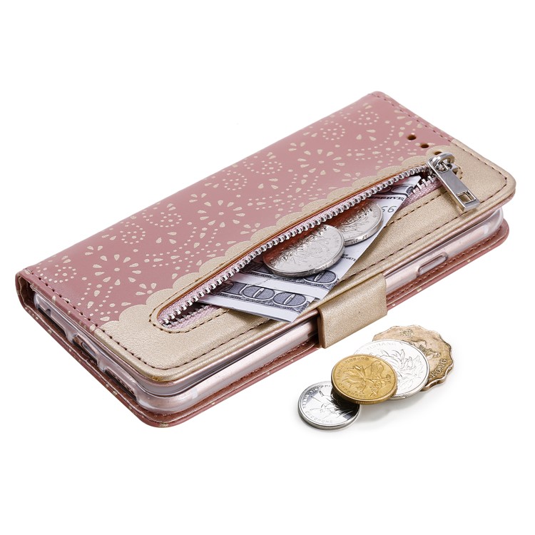 Lace Flower Zipper Pocket Leather Wallet Phone Case for iPhone SE (2nd generation) 2020/7/8 - Rose Gold-6