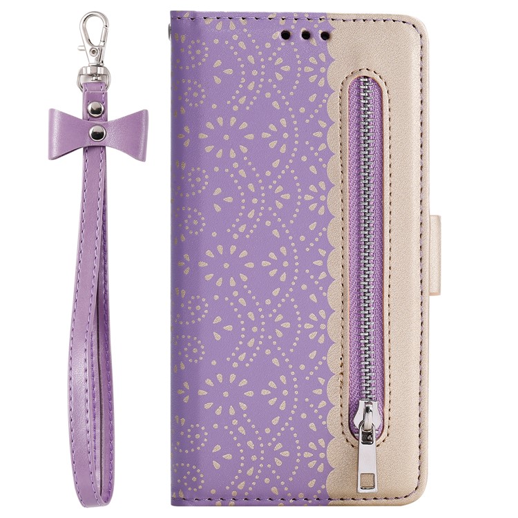 Tampa de Telefone de Couro Com Zíper Com Zíper de Flores Para Iphone 6 Plus/6s Plus - Roxo