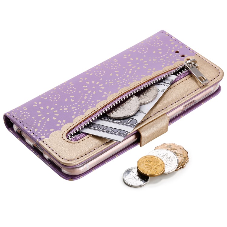 Couverture de Téléphone de Portefeuille en Cuir de Poche à Fermeture Éclair en Dentelle Pour Iphone 6 Plus / 6s Plus - Violet