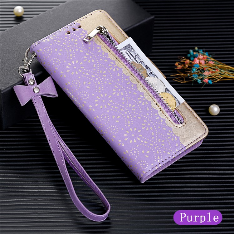 Couverture de Téléphone de Portefeuille en Cuir de Poche à Fermeture Éclair en Dentelle Pour Iphone 6 Plus / 6s Plus - Violet